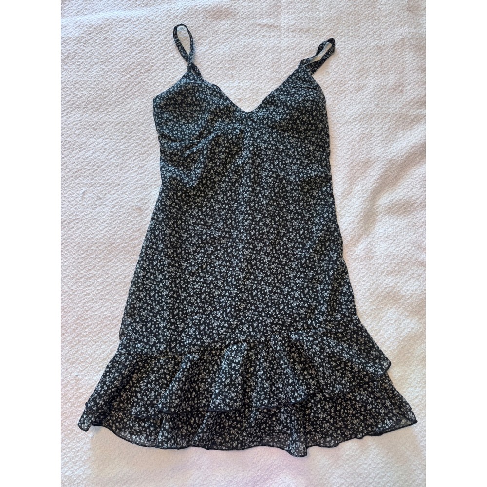 Hollister Black Floral Ruffle Hem Mini Dress XXS Adjustable Straps V-Neck